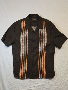 The Kooples Black Short Sleeve Button Down Shirt with Orange and Cream Stripes